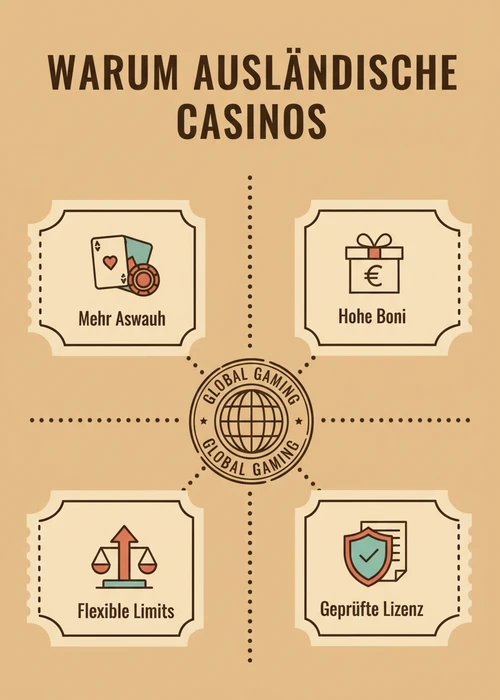Warum ausländische Casinos für Schweizer interessant sind: mehr Auswahl, hohe Boni, flexible Limits und geprüfte Lizenz.