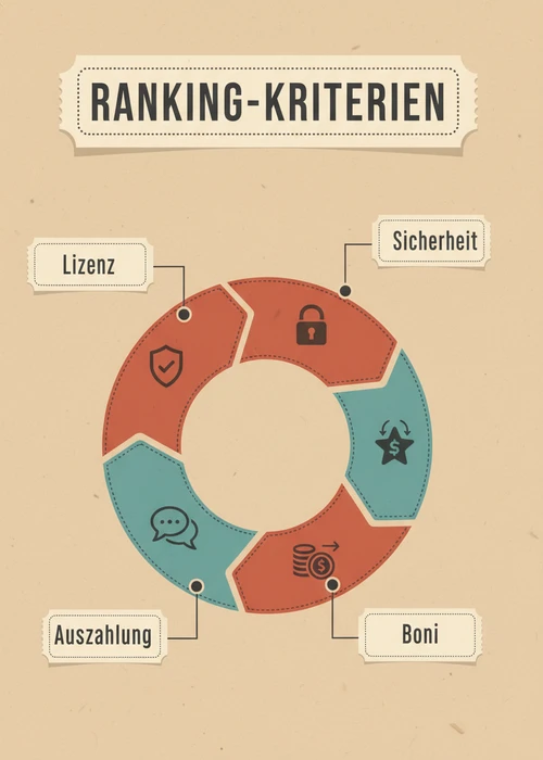 Ranking-Kriterien der Top 10 ausländischen Casinos: Lizenz, Sicherheit, Boni, Auszahlung und Support.