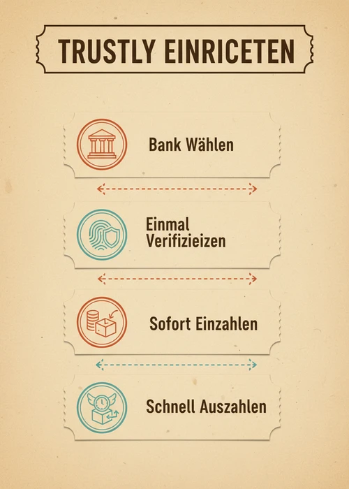 Trustly im ausländischen Casino einrichten: Bank wählen, einmal verifizieren, sofort einzahlen und schnell auszahlen.