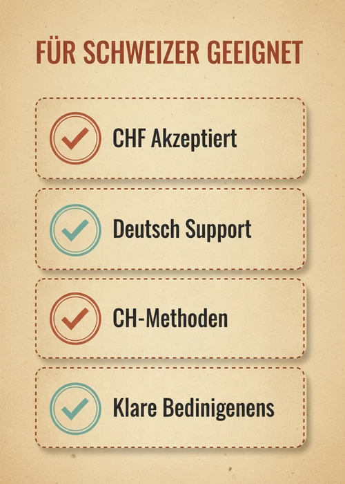 Für Schweizer geeignete ausländische Casinos: CHF akzeptiert, deutscher Support, CH-Methoden und klare Bedingungen.