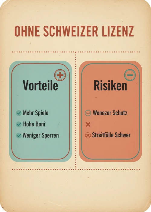 Ausländisches Casino ohne Schweizer Lizenz: Vorteile wie mehr Spiele, hohe Boni und weniger Sperren gegen weniger Schutz und schwere Streitfälle.