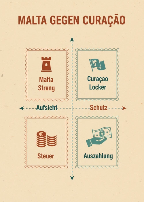 Malta gegen Curaçao beim ausländischen Casino nach Aufsicht und Schutz: Malta streng, Curaçao locker, Steuer und Auszahlung.