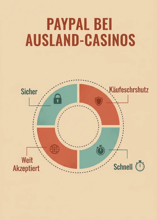 PayPal bei Ausland-Casinos im Überblick: Käuferschutz, schnell, weit akzeptiert und sicher für Schweizer Spieler.