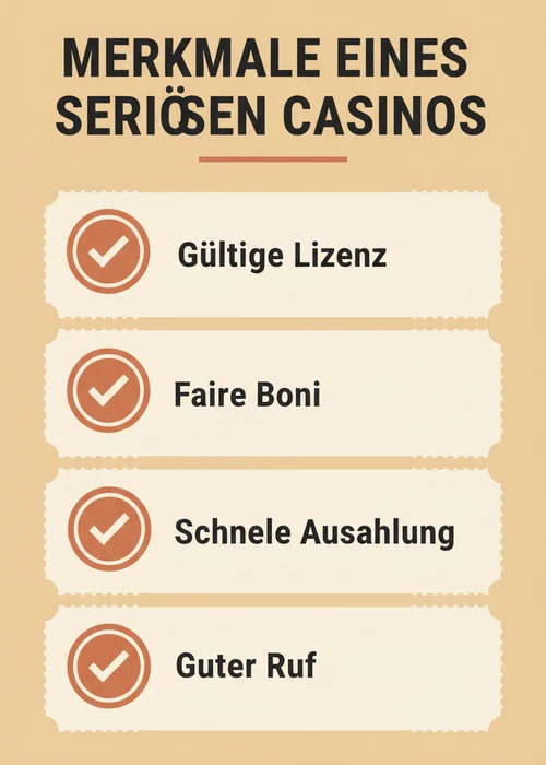 Merkmale eines seriösen ausländischen Casinos: gültige Lizenz, faire Boni, schnelle Auszahlung und guter Ruf.
